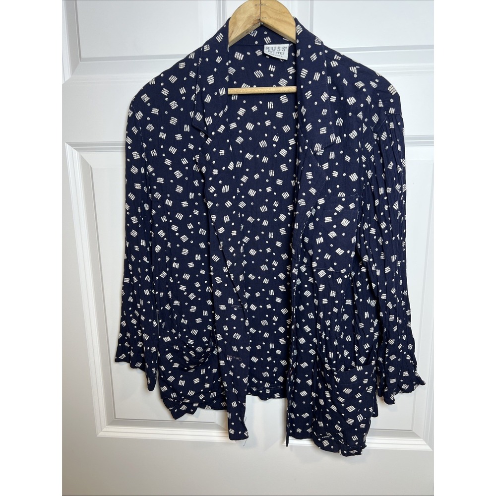 Russ Petites Blazer Size 10 ILGWU Union Made USA Rayon Navy Pattern Vintage